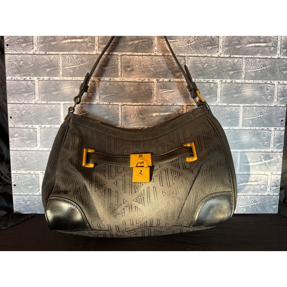 Lauren Ralph Lauren Black Monogram Canvas Shoulder Bag Gold Lock Detail Hobo